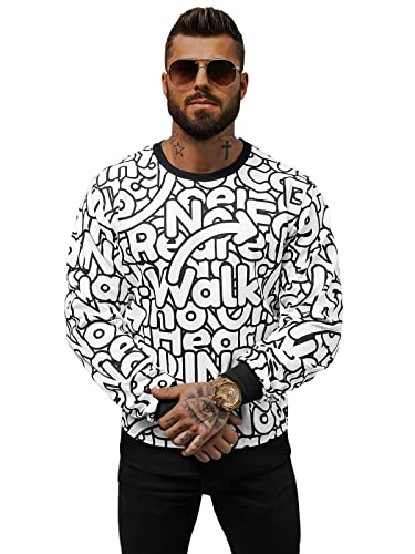 OZONEE Herren Sweatshirt Pullover Langarm Farbvarianten Langarmshirt Pulli ohne Kapuze Baumwolle Baumwollmischung Classic Motiv Rundhals-Ausschnitt Sport 777/9730B/1 WEIß L von OZONEE