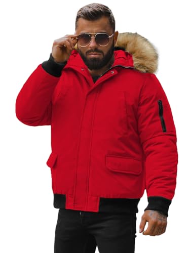 OZONEE Herren Winterjacke Jacke Winter Farbvarianten Warm Bomberjacke Steppjacke Wintermantel Kunstfell Daunenjacke Leichte Outdoor Puffer Jacket Gepolstert 777/2190K/275 ROT M von OZONEE