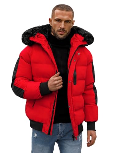 OZONEE Herren Winterjacke Jacke Winter Farbvarianten Warm Bomberjacke Steppjacke Wintermantel Kunstfell Leichte Outdoor Puffer Jacket Gepolstert 777/2619K ROT XL von OZONEE