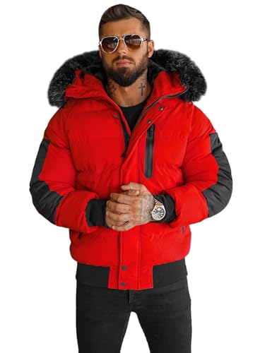 OZONEE Herren Winterjacke Jacke Winter Farbvarianten Warm Bomberjacke Steppjacke Wintermantel Kunstfell Leichte Outdoor Puffer Jacket Gepolstert 777/8254K ROT XL von OZONEE