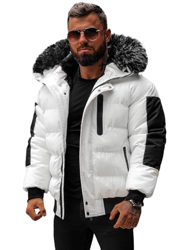 OZONEE Herren Winterjacke Jacke Winter Farbvarianten Warm Bomberjacke Steppjacke Wintermantel Kunstfell Leichte Outdoor Puffer Jacket Gepolstert 777/8254K WEIß L von OZONEE