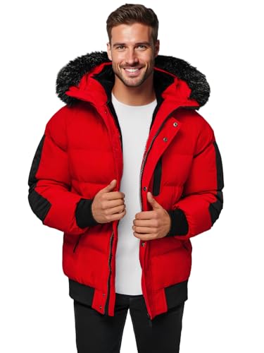 OZONEE Herren Winterjacke Jacke Winter Farbvarianten Warm Bomberjacke Steppjacke Wintermantel Kunstfell Leichte Outdoor Puffer Jacket Gepolstert O/M798Z ROT L von OZONEE