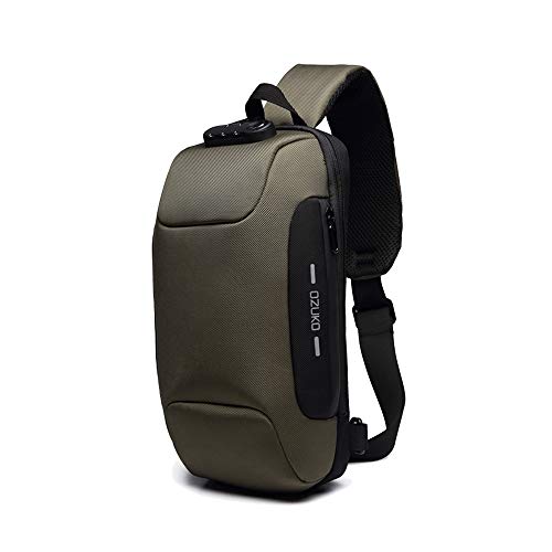 OZUKO Herren Diebstahlsichere Brusttasche Umhängetasche, Anti-Diebstahl-Sling-Schulter-Umhängetasche Rucksack Wasserdichte Schultertasche mit USB-Ladeanschluss (Armee grün) von OZUKO
