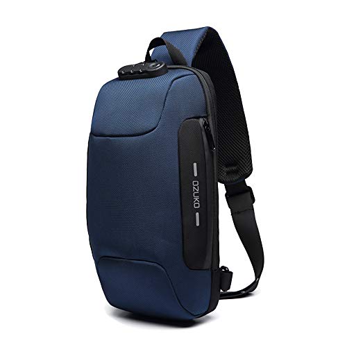 OZUKO Herren Diebstahlsichere Brusttasche Umhängetasche, Anti-Diebstahl-Sling-Schulter-Umhängetasche Rucksack Wasserdichte Schultertasche mit USB-Ladeanschluss (Dunkelblau) von OZUKO