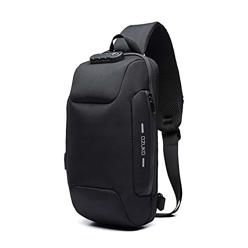 OZUKO Herren Diebstahlsichere Brusttasche Umhängetasche, Anti-Diebstahl-Sling-Schulter-Umhängetasche Rucksack Wasserdichte Schultertasche mit USB-Ladeanschluss (Schwarz) von OZUKO