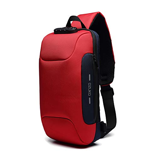 OZUKO Herren Diebstahlsichere Brusttasche Umhängetasche, Anti-Diebstahl-Sling-Schulter-Umhängetasche Rucksack Wasserdichte Schultertasche mit USB-Ladeanschluss (Rot) von OZUKO