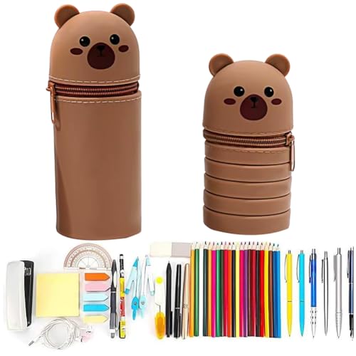 OZXVXZO Kawaii Federmäppchen 2 in 1 aus Weichem Silikon, Niedliches Federmäppchen Mäppchen Ständer up Einziehbar Stifteköcher Für Schule Büro Mädchen Teenager(Braunbär) von OZXVXZO