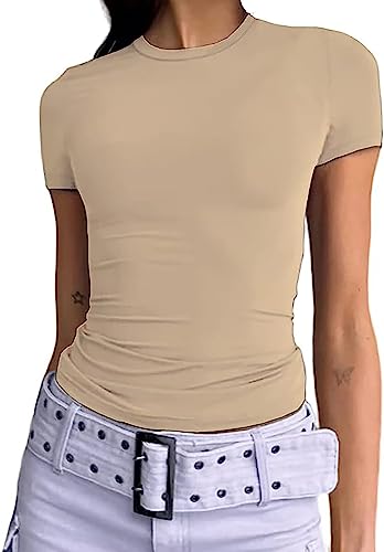 Damen Basic Kurzarm Crop Top Casual Y2K Rundhalsausschnitt Tops Slim Fit Tshirts Influencer Top Shirt(Apricot-012,L) von OZYILIAN