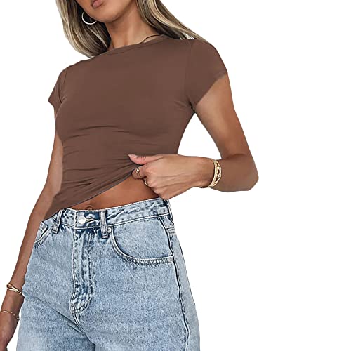 Damen Basic Kurzarm Crop Top Casual Y2K Rundhalsausschnitt Tops Slim Fit Tshirts Influencer Top Shirt(Braun-012,XS) von OZYILIAN