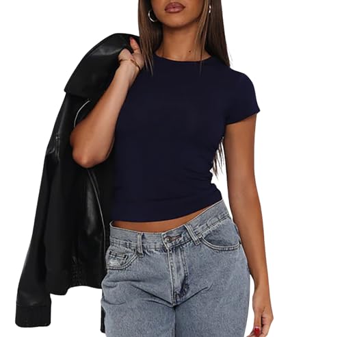Damen Basic Kurzarm Crop Top Casual Y2K Rundhalsausschnitt Tops Slim Fit Tshirts Influencer Top Shirt(Dark Blue-168,XL) von OZYILIAN