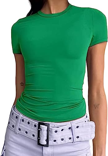 Damen Basic Kurzarm Crop Top Casual Y2K Rundhalsausschnitt Tops Slim Fit Tshirts Influencer Top Shirt(Green-012,M) von OZYILIAN