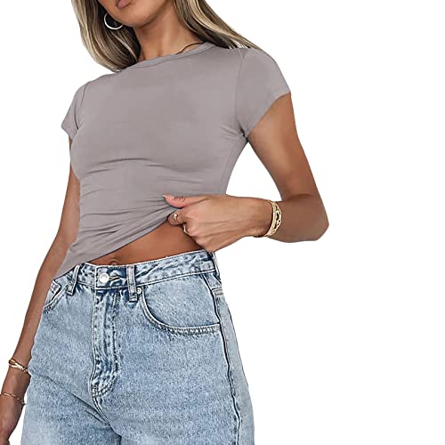 Damen Basic Kurzarm Crop Top Casual Y2K Rundhalsausschnitt Tops Slim Fit Tshirts Influencer Top Shirt(Hellgrau-012,L) von OZYILIAN