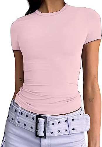 Damen Basic Kurzarm Crop Top Casual Y2K Rundhalsausschnitt Tops Slim Fit Tshirts Influencer Top Shirt(Light Pink-012,2XL) von OZYILIAN