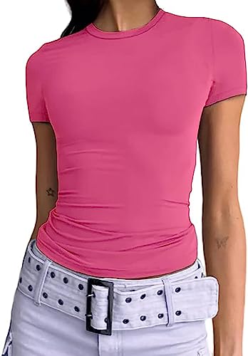 Damen Basic Kurzarm Crop Top Casual Y2K Rundhalsausschnitt Tops Slim Fit Tshirts Influencer Top Shirt(Pink-012,S) von OZYILIAN