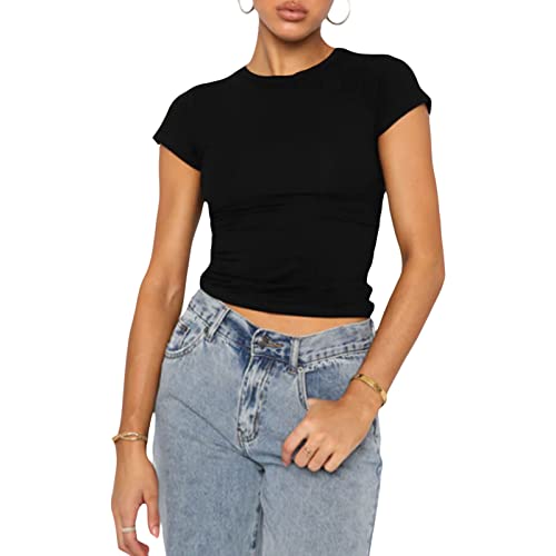 Damen Basic Kurzarm Crop Top Casual Y2K Rundhalsausschnitt Tops Slim Fit Tshirts Influencer Top Shirt(Schwarz-012,2XL) von OZYILIAN