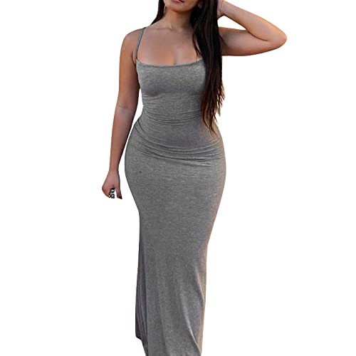 Damen Cami Bodycon Kleid Casual Basic Solid Kleid Spaghetti Strap Maxikleid TikTok Influencer Kleid(Grau-1, M) von OZYILIAN