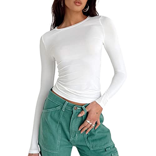 Damen Crop Tops Rundhals Slim Fit Top T-Shirt Lässige Streetwear(Weiss-3a,M) von OZYILIAN