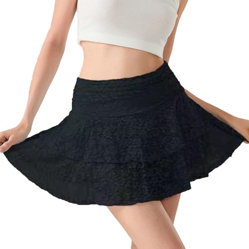 Frauen Floral Spitze Slip Röcke Niedrige Taille Rüsche Layered Plissee Mini Röcke Y2k Flowy Tiered Short Rock(Black-2,XL) von OZYILIAN
