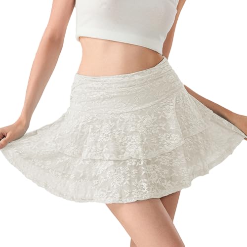 Frauen Floral Spitze Slip Röcke Niedrige Taille Rüsche Layered Plissee Mini Röcke Y2k Flowy Tiered Short Rock(White-2,L) von OZYILIAN
