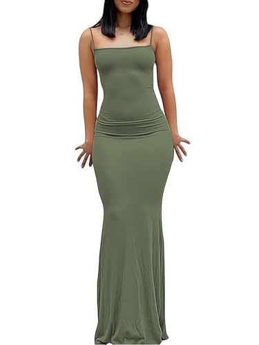 OZYILIAN Damen Cami Bodycon Kleid Casual Basic Kleid Spaghetti Strap Maxikleid(Green-1, S) von OZYILIAN