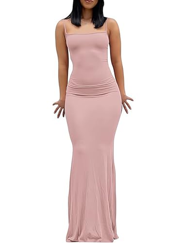 OZYILIAN Damen Cami Bodycon Kleid Casual Basic Kleid Spaghetti Strap Maxikleid(Light Pink-1, XS) von OZYILIAN