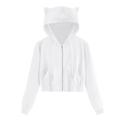 Damen Kapuzenjacke Hoodie mit Katzenohren Kapuzenpullover Jacke Langarmshirt Pulli Pullover Sweatshirt Kurz Oberteile Crop Top Kapuzenjacke Langarm Sweatshirt mit Kapuze Pulli Mantel (White, XL) von OZhenXiangZh