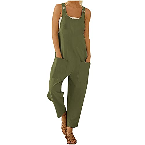 Jumpsuit Damen Sommer Latzhose Hosenanzug Locker Lässiger Sommerhose Oversized Arbeitshose Ärmellos Overall Spaghettiträger Trägerhose Strampler Playsuit Latzhose mit Große Taschen (Green, M) von OZhenXiangZh