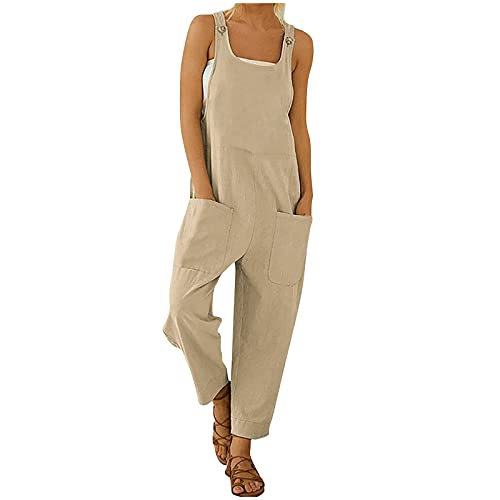 Jumpsuit Damen Sommer Latzhose Hosenanzug Locker Lässiger Sommerhose Oversized Arbeitshose Ärmellos Overall Spaghettiträger Trägerhose Strampler Playsuit Latzhose mit Große Taschen (Khaki, M) von OZhenXiangZh