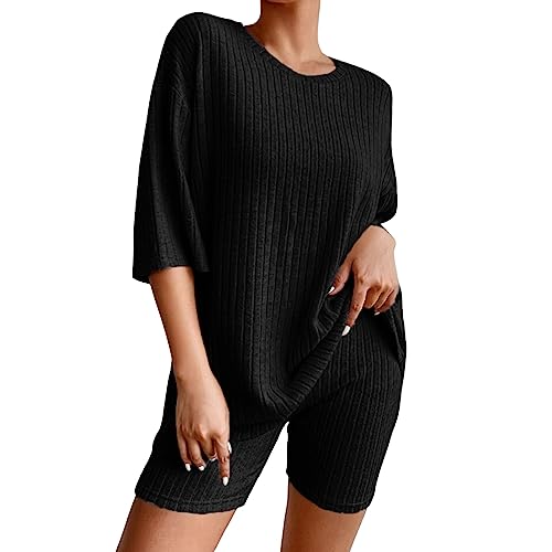 Set Damen Casual Anzug Einfarbig Sommer Shorts und Tops Zweiteilige Sets Sportanzüge Hosenanzug Set Frauen Zweiteiler Yoga Outfit Sommer Zweiteiler für Damen Sommer Outfits Damen Set (Black-3, S) von OZhenXiangZh