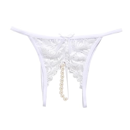 Sexy Höschen mit Offenem Schritt Pantys Höschen Spitze String Tanga Lace Lingerie Reizwäsche Unterhose Thong mit Perlen Tanga Ouvertslip Offenem Schritt Damenslip Ouvert Slip Frauen (White, L) von OZhenXiangZh