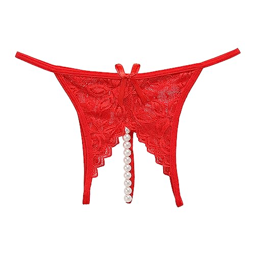 Sexy Höschen mit Offenem Schritt Pantys Höschen Spitze String Tanga Lace Lingerie Reizwäsche Unterhose Thong mit Perlen Tanga Ouvertslip Offenem Schritt Damenslip Ouvert Slip Frauen Geschenk (Red, L) von OZhenXiangZh