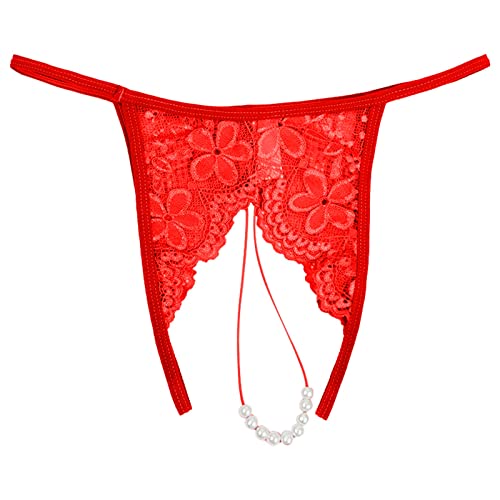 Sexy Höschen mit Offenem Schritt Pantys mit Perlen Höschen Spitze String Tanga G-String Unterhosen Reizwäsche Thongs Atmungsaktiv Dessous Tanga G String Stringtangas Ouvert Reizwäsche Dessous (Red, L) von OZhenXiangZh