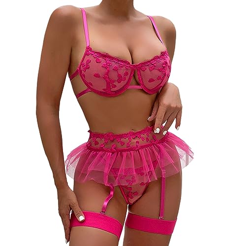 Sexy Unterwäsche für Frau Strapsen Dessous Set, Dessous Damen Sexy Unterwäsche Push Up BH Und Slip Verstellbar Riemen Lingerie Set Mit Strapsen Beinbänder Neckholder Dessous (f-Hot Pink, S) von OZhenXiangZh