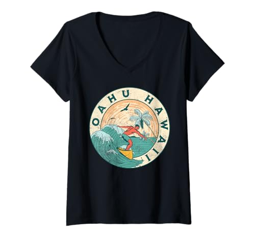 Damen Oahu Hawaii T-Shirt mit V-Ausschnitt Damen Oahu Hawaii T-Shirt mit V-Ausschnitt von Oahu Beach Hawaii Surfing Surf Ocean Vintage USA