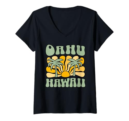 Damen Oahu T-Shirt mit V-Ausschnitt von Oahu Beach Hawaii Surfing Surf Ocean Vintage USA