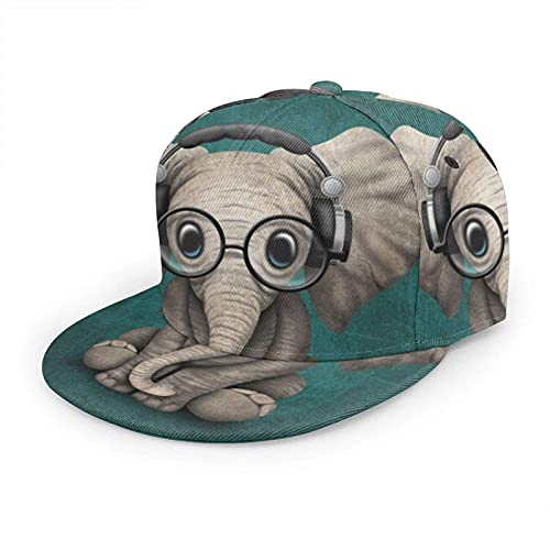 Oaieltj Unisex Baseball Cap Damen Herren Einstellbare Hip Hop Hut Mode Flache Schirmmütze Baseball Cap, Niedlicher Elefant mit Kopfhörer, One size von Oaieltj