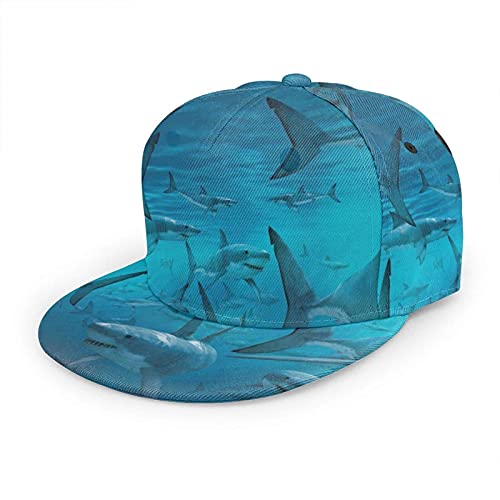 Oaieltj Unisex Baseballkappe Damen Herren Junge Mädchen Mode verstellbar 3D gedruckt Flat Bill Baseball Cap, Unterwasser Hai Gruppe Sea Blue, One size von Oaieltj