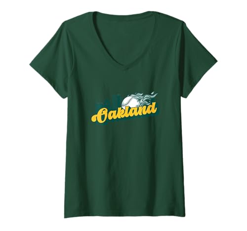 Damen Baseball-Liebhaber von Oakland im Vintage-Look mit Skyline im Retro-Look T-Shirt mit V-Ausschnitt von Oakland Baseball Lovers