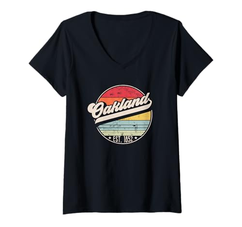 Damen Retro Oakland CA Home City 70er Jahre Stil Sonnenuntergang Geschenk T-Shirt mit V-Ausschnitt Damen Retro Oakland CA Home City 70er Jahre Stil Sonnenuntergang Geschenk T-Shirt mit V-Ausschnitt von Oakland Proud Shirt Emporium