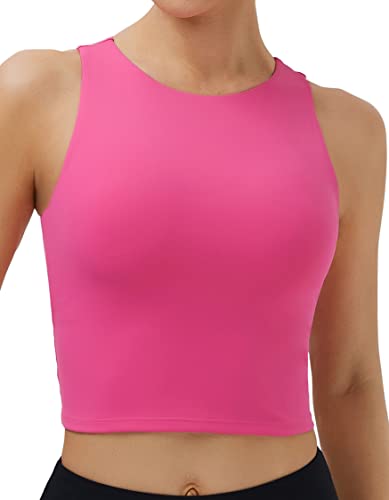 Damen High Neck Crop Top Ärmellos Racer Back Basic Workout Tank Tops Shirt, Knallpink (Hot Pink), X-Groß von Oalka