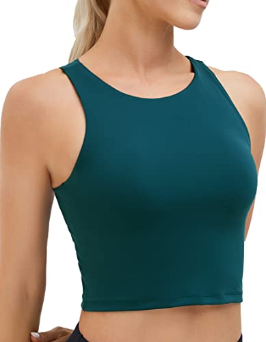 Damen High Neck Crop Top Ärmellos Racerback Basic Workout Tank Tops Shirt, Dunkles Türkis, X-Groß von Oalka