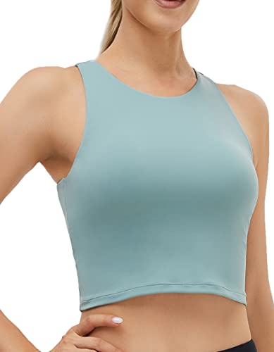 Damen High Neck Crop Top Ärmellos Racerback Basic Workout Tank Tops Shirt, Graue Jade, Klein von Oalka
