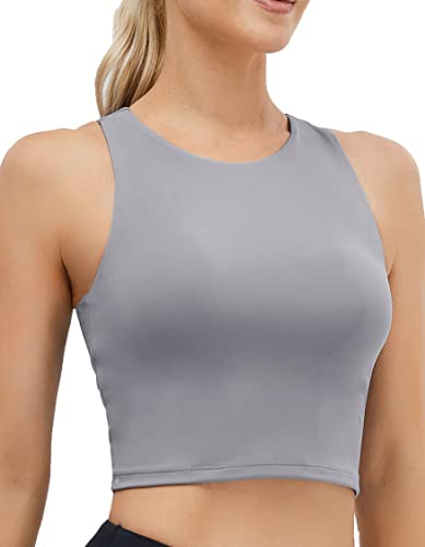 Damen High Neck Crop Top Ärmellos Racerback Basic Workout Tank Tops Shirt, Hellgrau, Mittel von Oalka