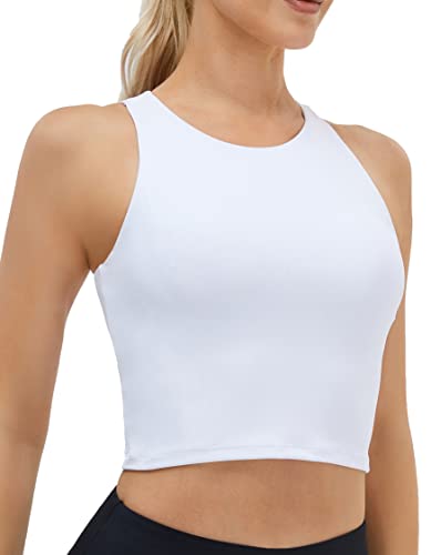 Damen High Neck Crop Top Ärmellos Racerback Basic Workout Tank Tops Shirt, Weiss/opulenter Garten, Mittel von Oalka
