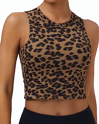 Oalka Damen High Neck Longline Sport BHs Gepolstert Workout Crop Tops Yoga Tank Tops, Khaki, Leopard, Klein von Oalka