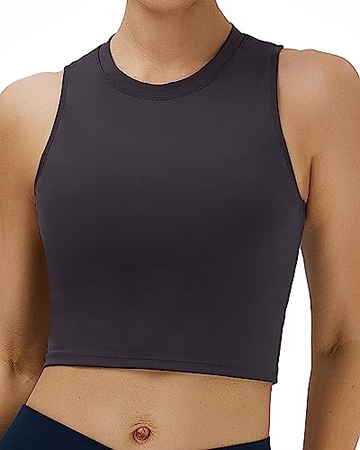 Oalka Damen High Neck Longline Sport BHs Gepolstert Workout Crop Tops Yoga Tank Tops, dunkelgrau, small von Oalka