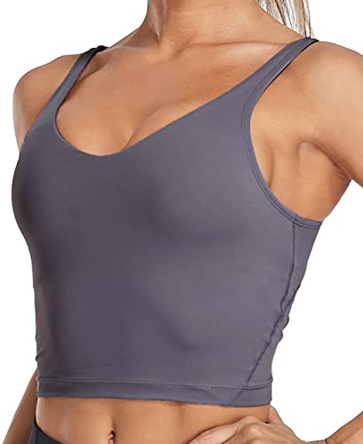 Oalka Sport-BH für Damen, lang, gepolstert, bauchfrei, Yoga-BHs, Workout, Fitness-Top, Herz grau lila, small von Oalka