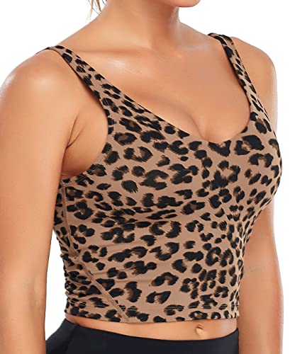 Oalka Sport-BH für Damen, lang, gepolstert, bauchfrei, Yoga-BHs, Workout, Fitness-Top, Khaki, Leopard, X-Large von Oalka