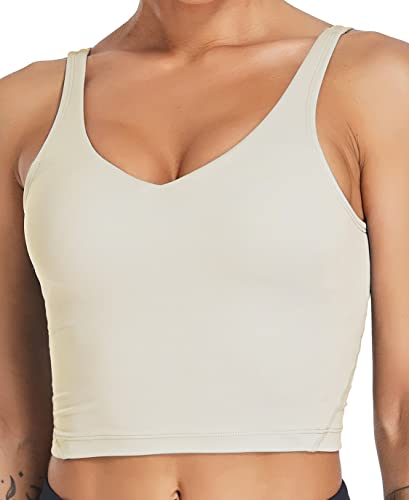 Oalka Sport-BH für Damen, lang, gepolstert, bauchfrei, Yoga-BHs, Workout, Fitness-Top, Khaki Sand, small von Oalka