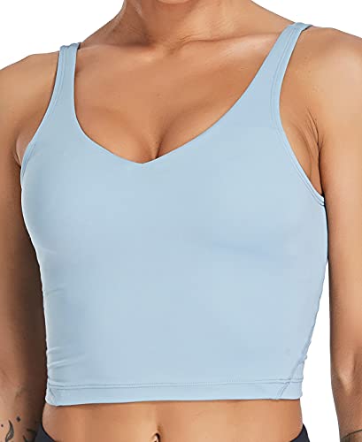 Oalka Sport-BH für Damen, lang, gepolstert, bauchfrei, für Yoga, Workout, Fitness, Herz blau, Medium von Oalka